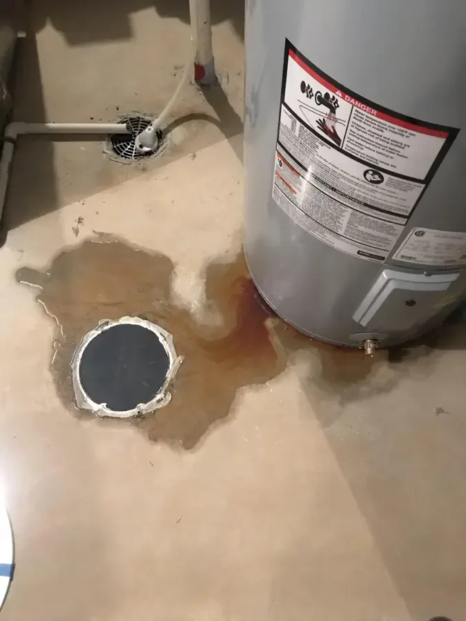 Pooled water around a heater base and floor drain