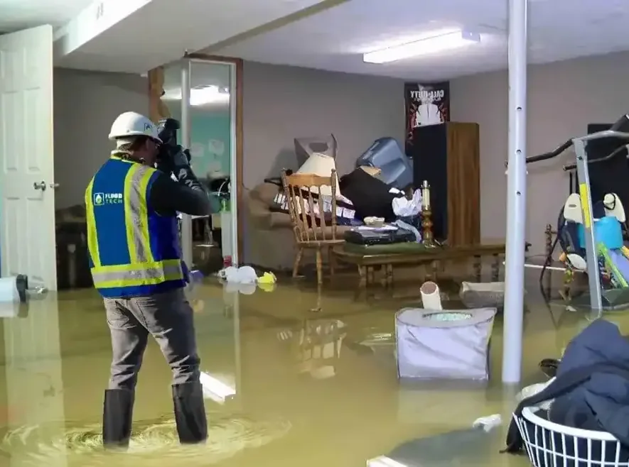 Workers standing in floodwater inside a room during cleanup