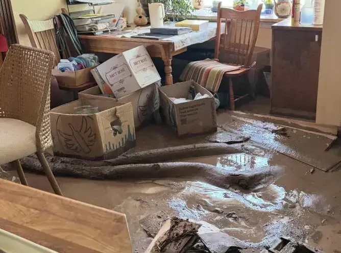 Mud and floodwater left across an interior room floor