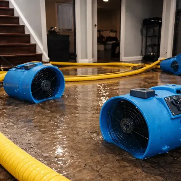 Blue air movers and yellow ducts on a wet floor