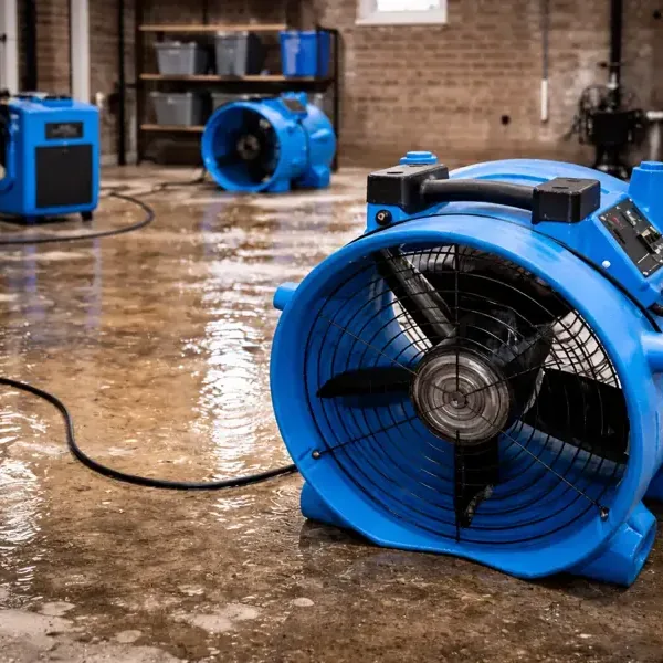 Blue air movers and dehumidifiers on a wet concrete floor