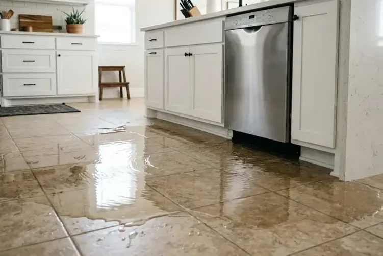 Water pooled on kitchen tile in front of a dishwasher