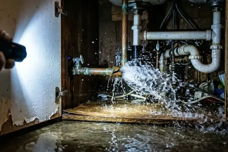 Water spraying from a broken pipe joint inside a sink cabinet