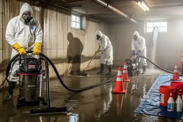 Workers in protective suits extracting wastewater inside a contained work area
