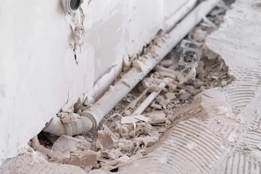 Tile and concrete opened to reach a leaking pipe