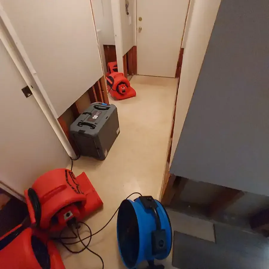 Air movers and a dehumidifier arranged along a drying hallway